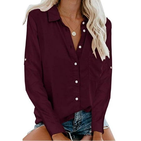Women's Button Down V Neck 3/4 Sleeve Blouse Casual Lapel Top Shirts ...