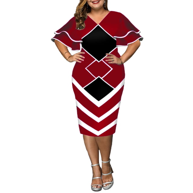 Sunloudy Vestido ajustado para mujer, cuello en V, doble capa, manga corta con volantes, cremallera trasera, falda de una pieza Sunloudy S M L XL 2XL 3XL 4XL