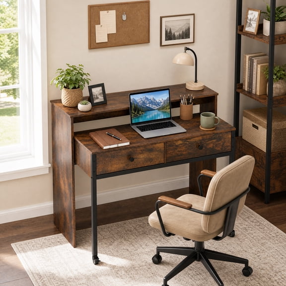 Extendable Computer Desk with 2 Drawers, Home Office Desk with Pull Out Secondary Desk for Study,Working,Writing,Rustic Brown