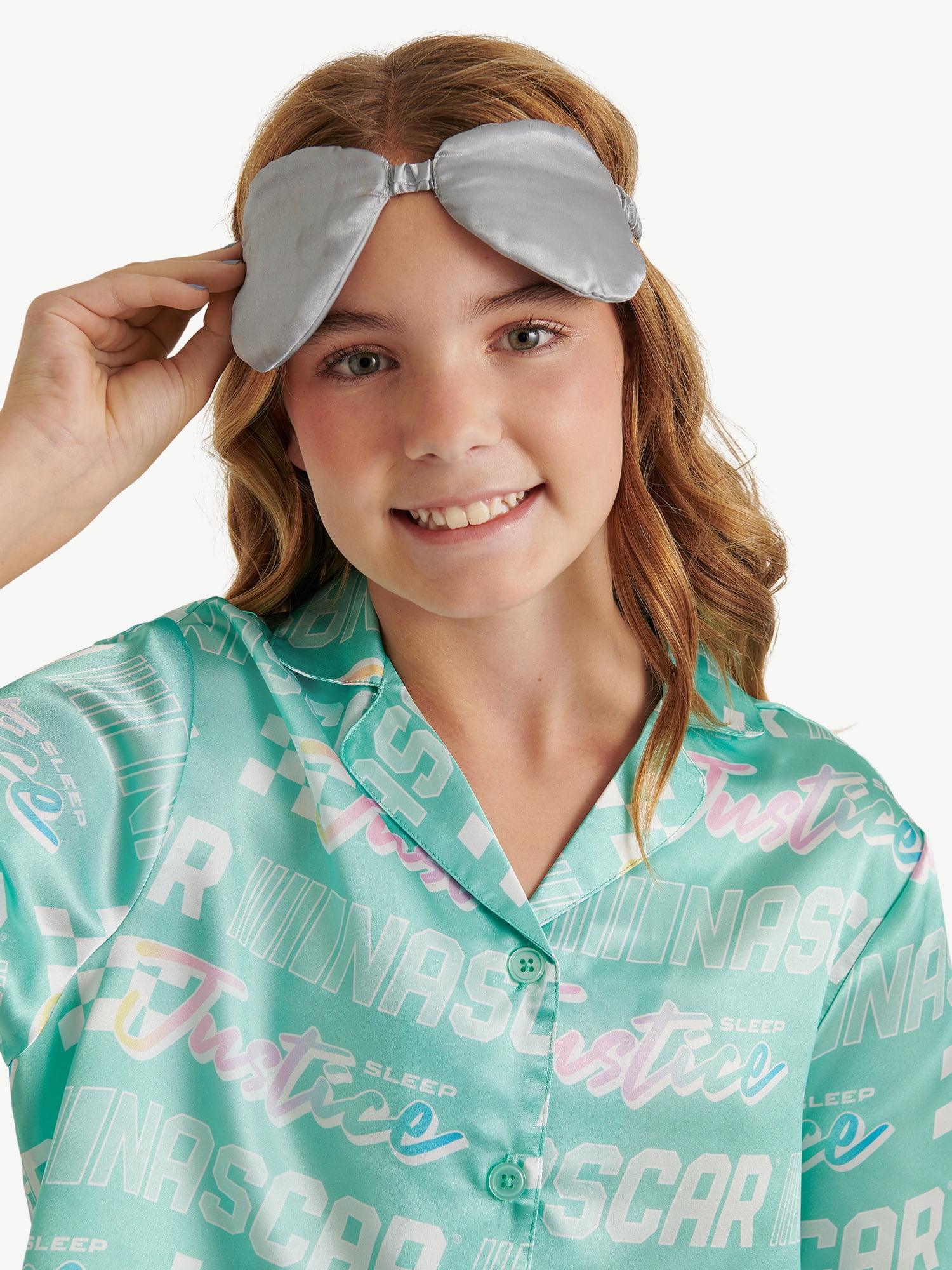 Justice Girls x Nascar Short Sleeve Button Top, Shorts and Eye Mask Pajama Set, 3-Piece, Sizes 5-18