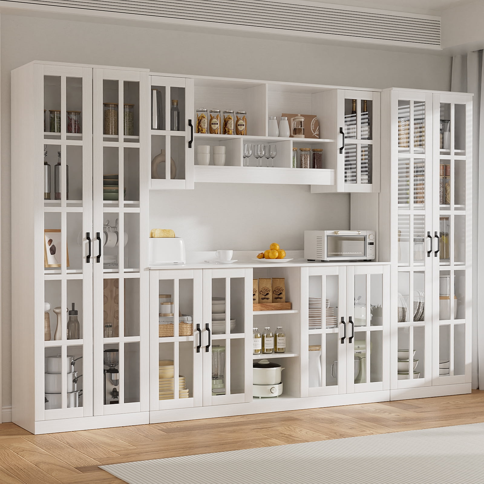 RichYa Pantry Cabinet with Hutch,Kitchen Storage Cabinet with Doors and Shelves,Coffee Bar with 59"Wide Countertop for Dining Room,White(X)