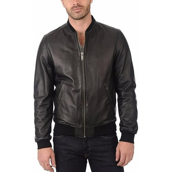 Men's Genuine Black Lambskin Bomber Leather Jacket Motorcycle Biker Zipper Jacket A406