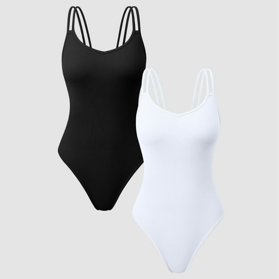 OQQ Women's 2 Piece Seamless Yoga Ribbed Bodysuits Strap Minimalist Basic Soft Fit Sleeveless Tops Bodysuits