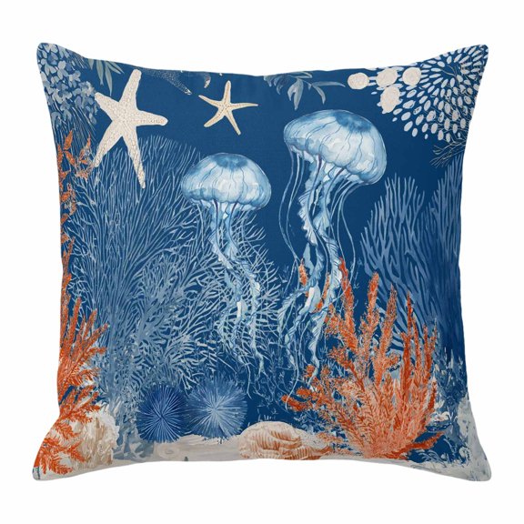 Throw Pillow Covers, Blue Coastal Jellyfish 16x16 Pillow Covers for Couch/Sofa/Bed, Nautical Orange Coral Starfish Decorative Square Linen Cushion Pillowcase for Home Decor