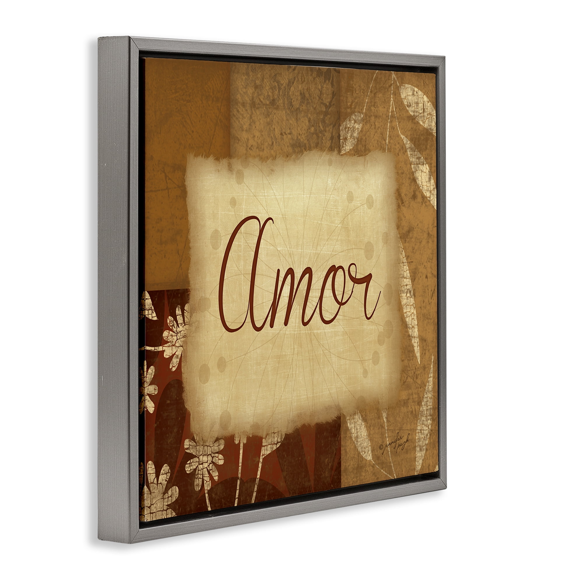 Stupell Industries Amor con Flores Tradicionales Typography and Symbols Painting Gray Floater Framed Art Print Wall Art, 25 x 25