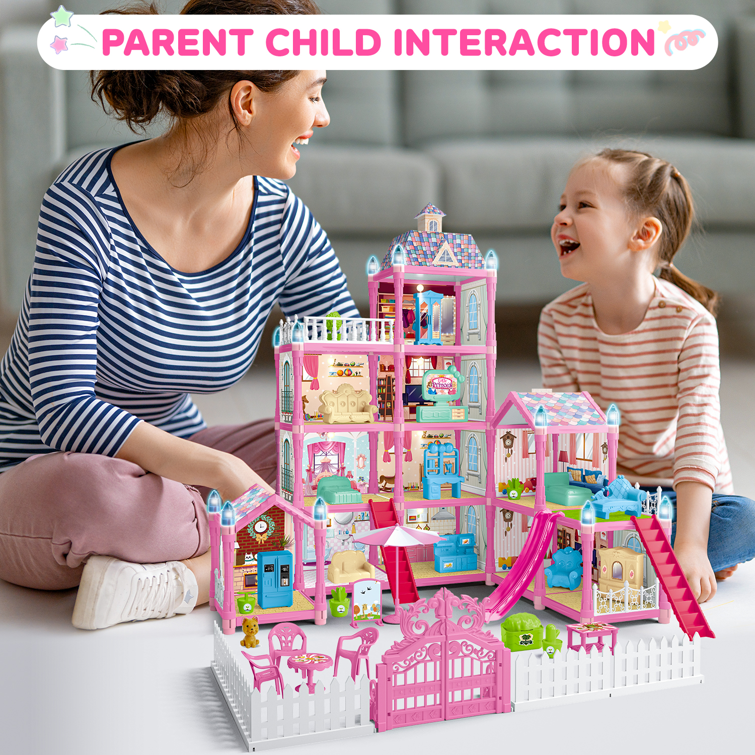 JoyStone 10 Rooms DollHouse, Huge Dollhouse Playset with LED Lights, Dolls, Furnitures, Accessories with Play Mat DIY Pretend Play Toys Gifts for Kids