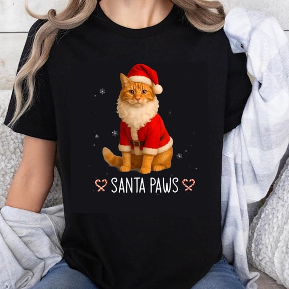 100% Cotton Santa Paws Cat Christmas Shirt Holiday Pet Lover T-Shirt Festive Xmas Gift For Women And Men Cute Kitty Design