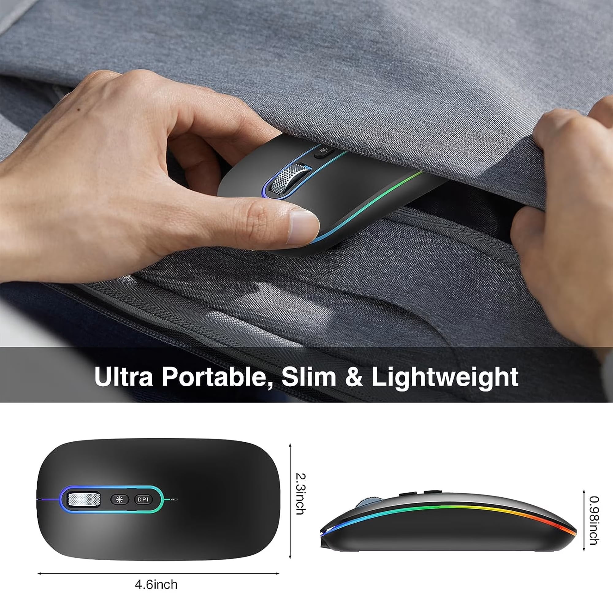 Wireless Mouse Bluetooth 5.1 2.4G Dual Mode, Rechargeable Silent Computer Mouse with 500H Battery, 3 Adjustable DPI, Slim Optical Mouse for Laptop PC Mac iPad Windows Black