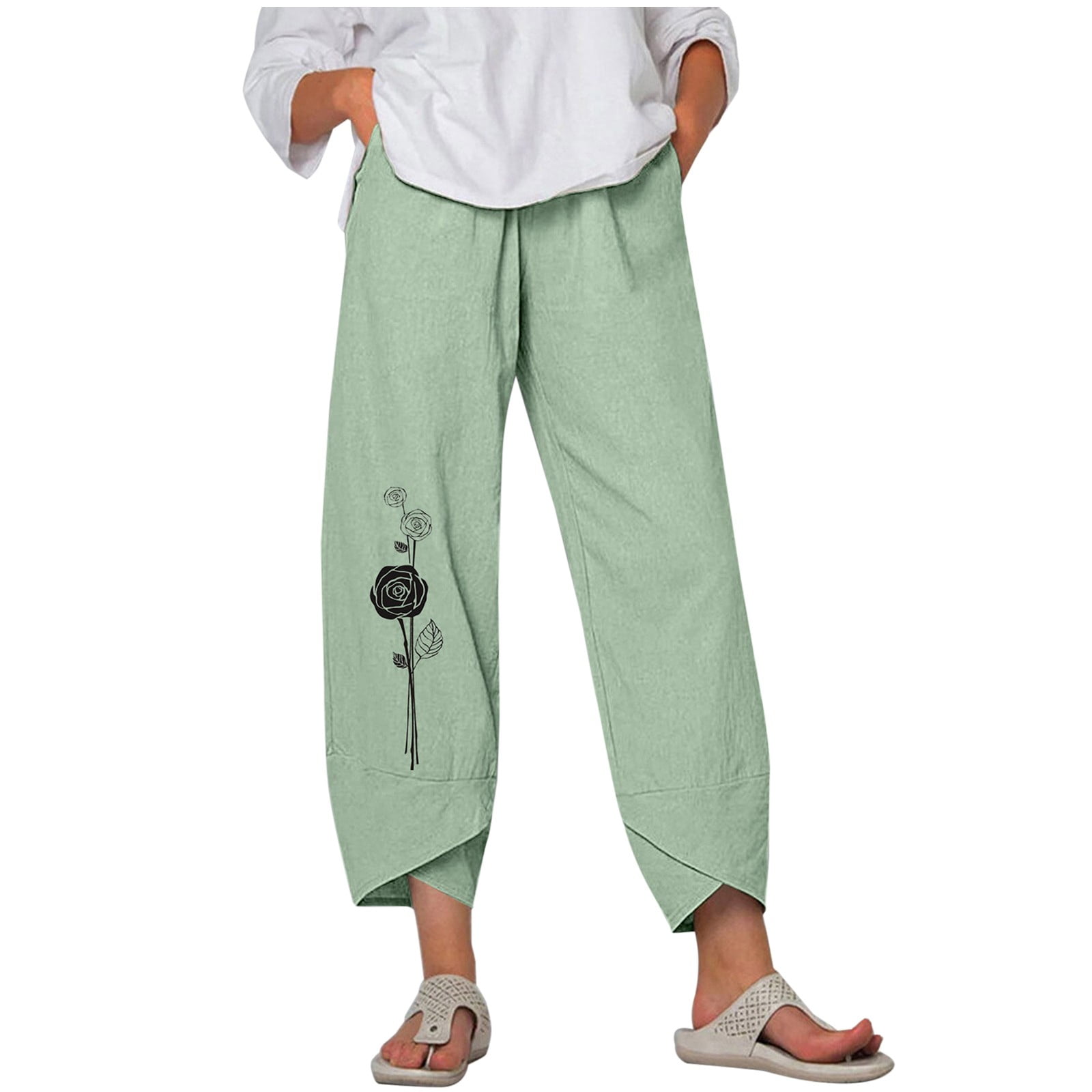Casual Crop Pants for Women Cotton Linen Floral Print Wide Leg Slacks