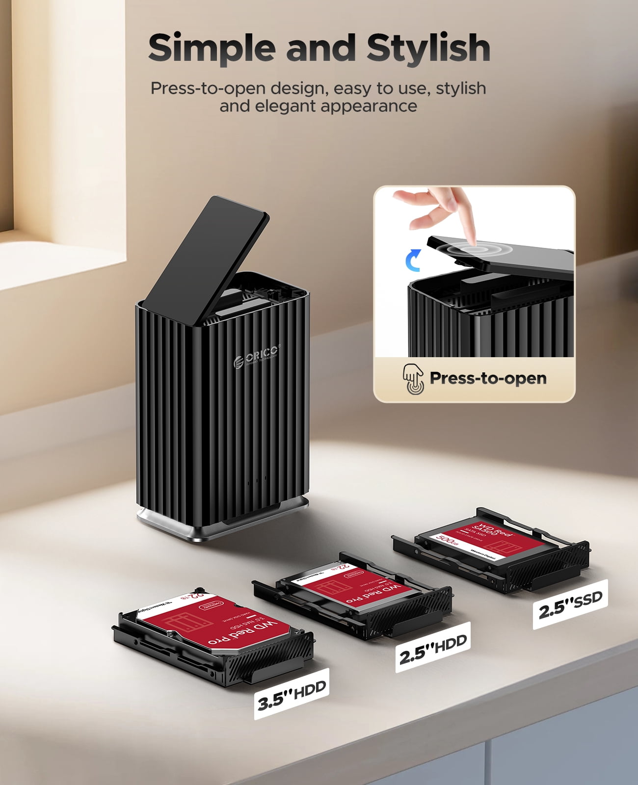 ORICO 2 Bay Hard Drive Enclosure with Cooling Fan for 2.5/3.5" SATA HDD/SSD with 2-in-1 USB C to C/A Cable, 3.5 Hard Drive Reader Supports 44TB Capacity, DAS(NO NAS)