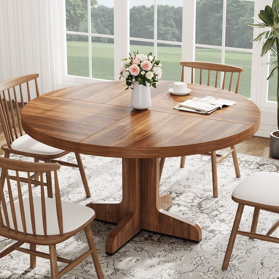 Round Dining Table for 4, 47" Pedestal Kitchen Table with Wood-Grain Top, Farmhouse Dinner Table for Dining Room, Living Room, Walnut