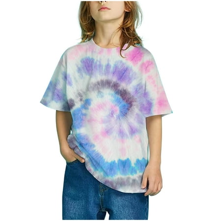 

XMMSWDLA Deals Clearance Girls Tops Girls Casual Loose Tshirt Short Sleeve Cartoon Pattern Tops Child Crewneck Summer Outfit Gradient Print Tops