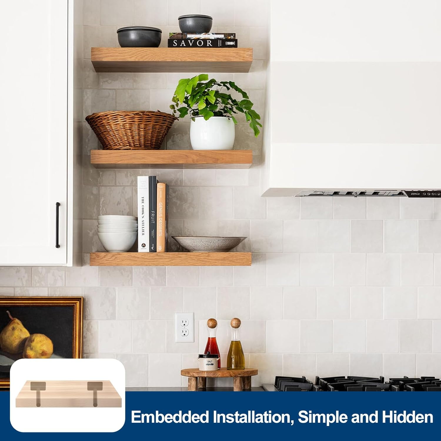 8 Pcs 8" Black Solid Steel Floating Shelf Bracket Blind Shelf Supports - Hidden Brackets for Floating Wood Shelves - Concealed Blind Shelf Support – Screws and Wall Plugs Included