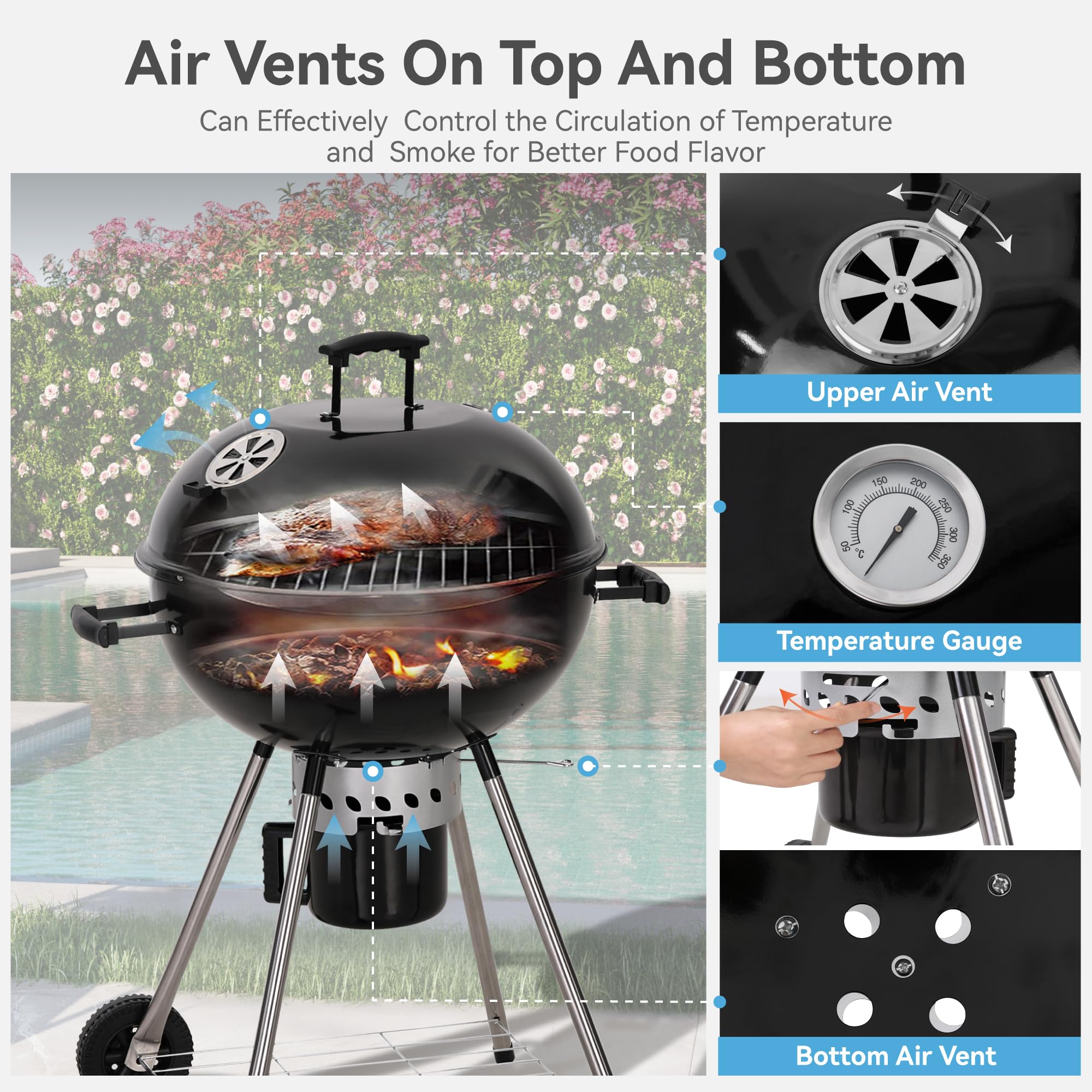 22 Inch Large Kettle Charcoal Grill with Foldable Grate & Wheels, Porcelain Coated Lid Ash Pan for Backyard Barbecue Picnic Camping Outdoor Adventures, Durable Steel Frame, Black
