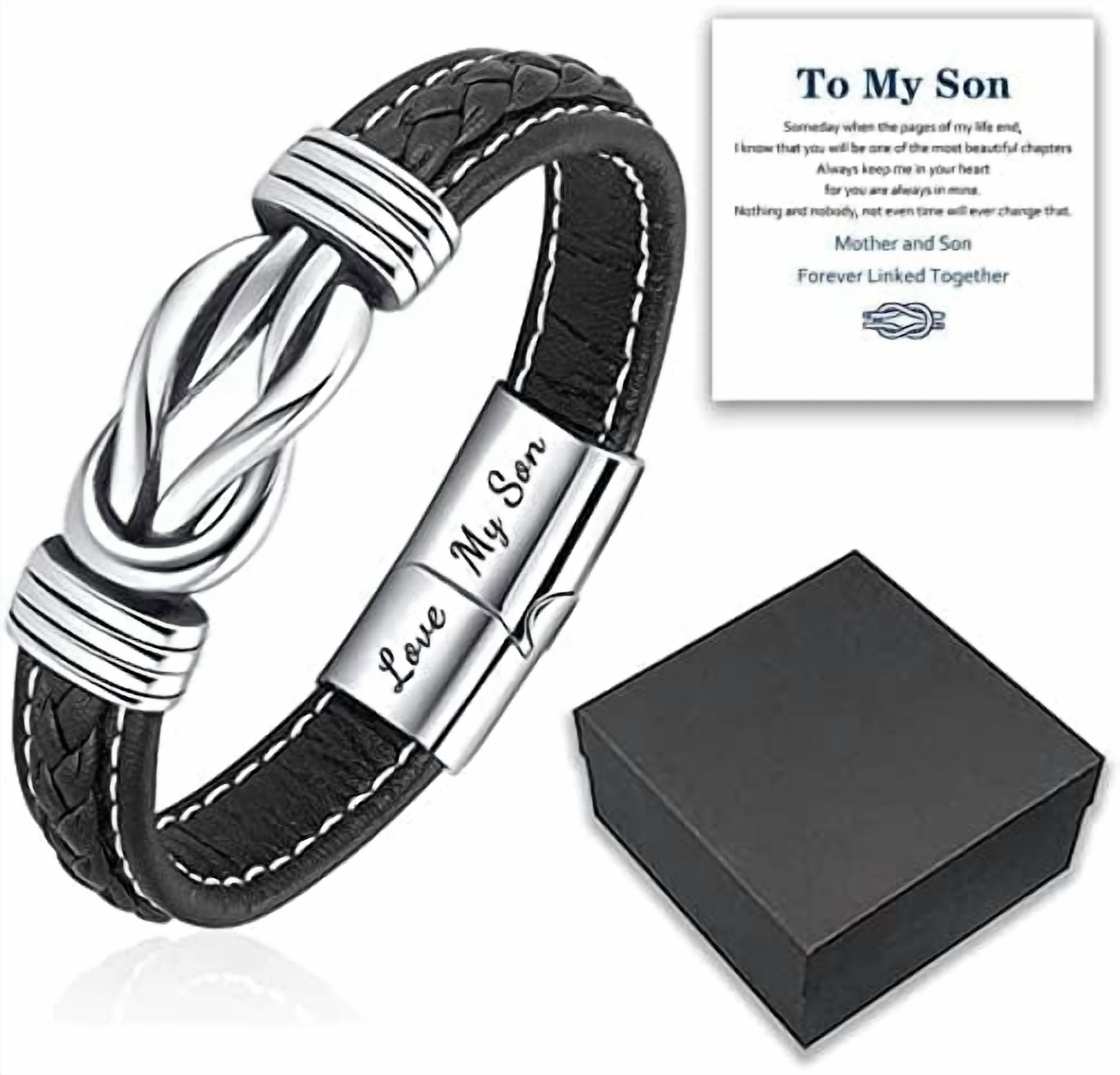 Mother and Son Forever Linked Together Braided Leather Bracelet, to My Son Stainless Steel Interlocking Inspirational Wristband Gift Jewelry for Son from Mom Dad