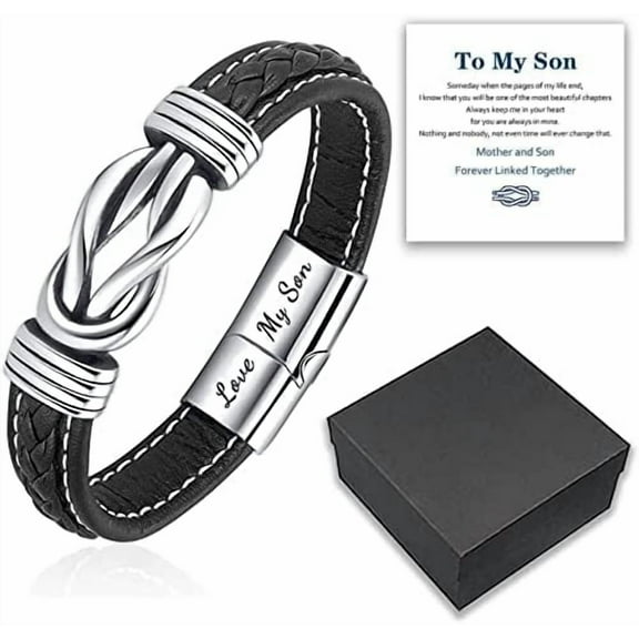 Mother and Son Forever Linked Together Braided Leather Bracelet, to My Son Stainless Steel Interlocking Inspirational Wristband Gift Jewelry for Son from Mom Dad