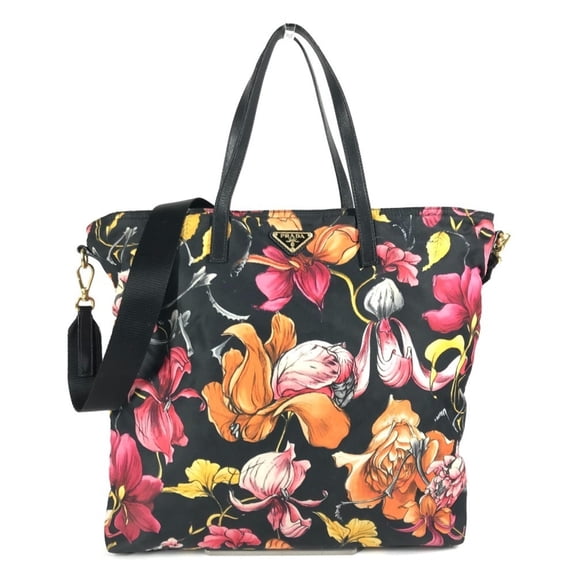 Pre-Owned Prada Floral Triangle Logo Plaque Handbag/Shoulder Bag/Tote Bag in Leather... (Good)