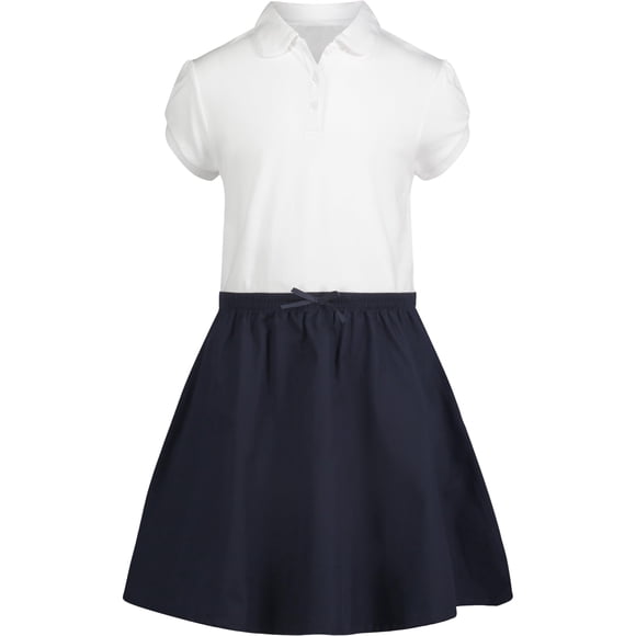 Vestido uniforme escolar IZOD para niñas con polo de manga corta, blanco y azul marino