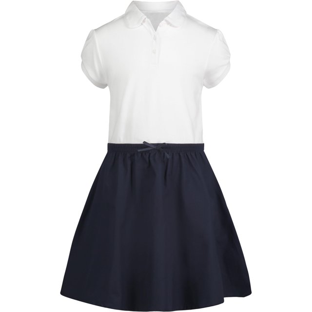 Vestido uniforme escolar IZOD para niñas con polo de manga corta, blanco y azul marino