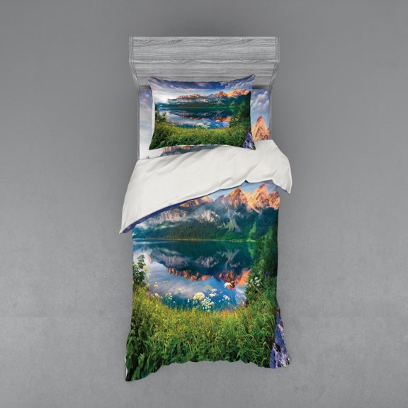 Ambesonne Mountain Bedding Set 3 Pcs, Sunny Summer Morning, Twin XL, Multicolor