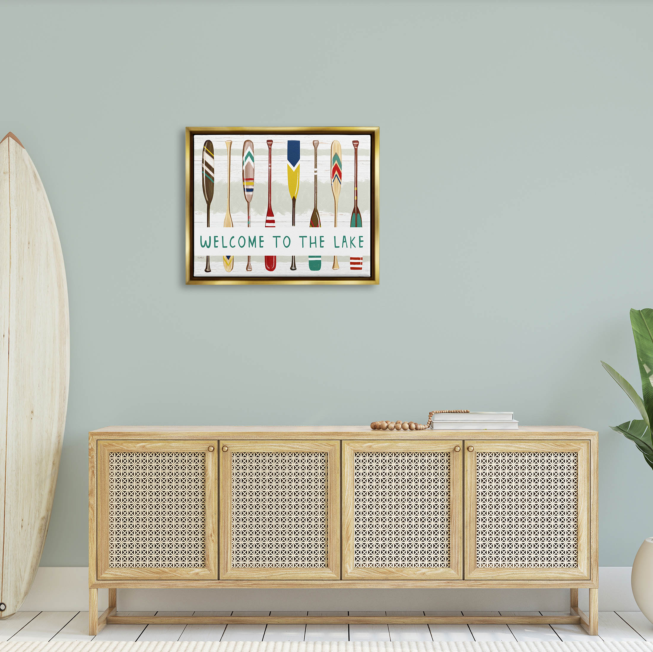Stupell Industries Lake House Welcome Boat Paddles Graphic Art Metallic Gold Floating Framed Canvas Print Wall Art, Design by Elizabeth Tyndall