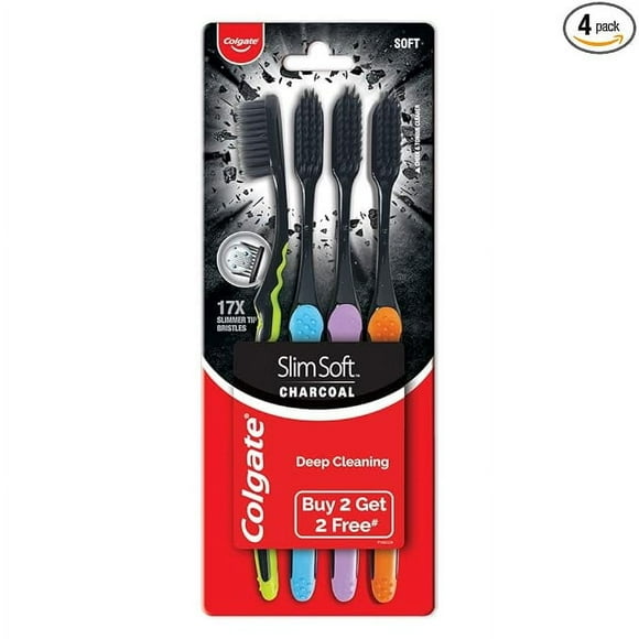 Slimsoft Colgate Brosse à Dents Manuelle au Charbon pour Adulte (Achetez 2, Obtenez 2 Gratuits) - 4 Pcs, 17X Poils Plus Fins, Pack Combo Brosse à Dents