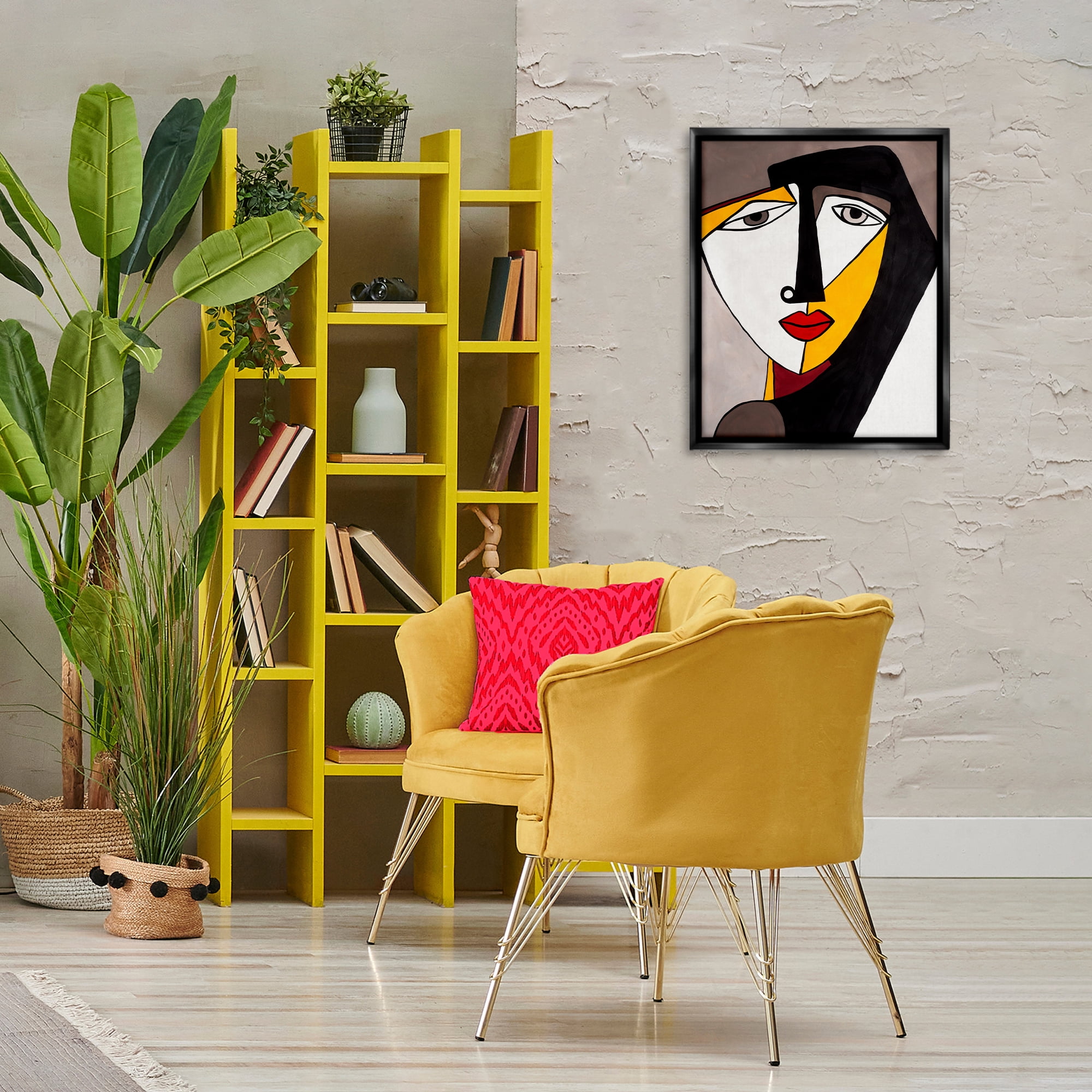 Stupell Industries Cubism Female Face People Painting Black Floater Framed Canvas Art Print Wall Art, 17 x 21