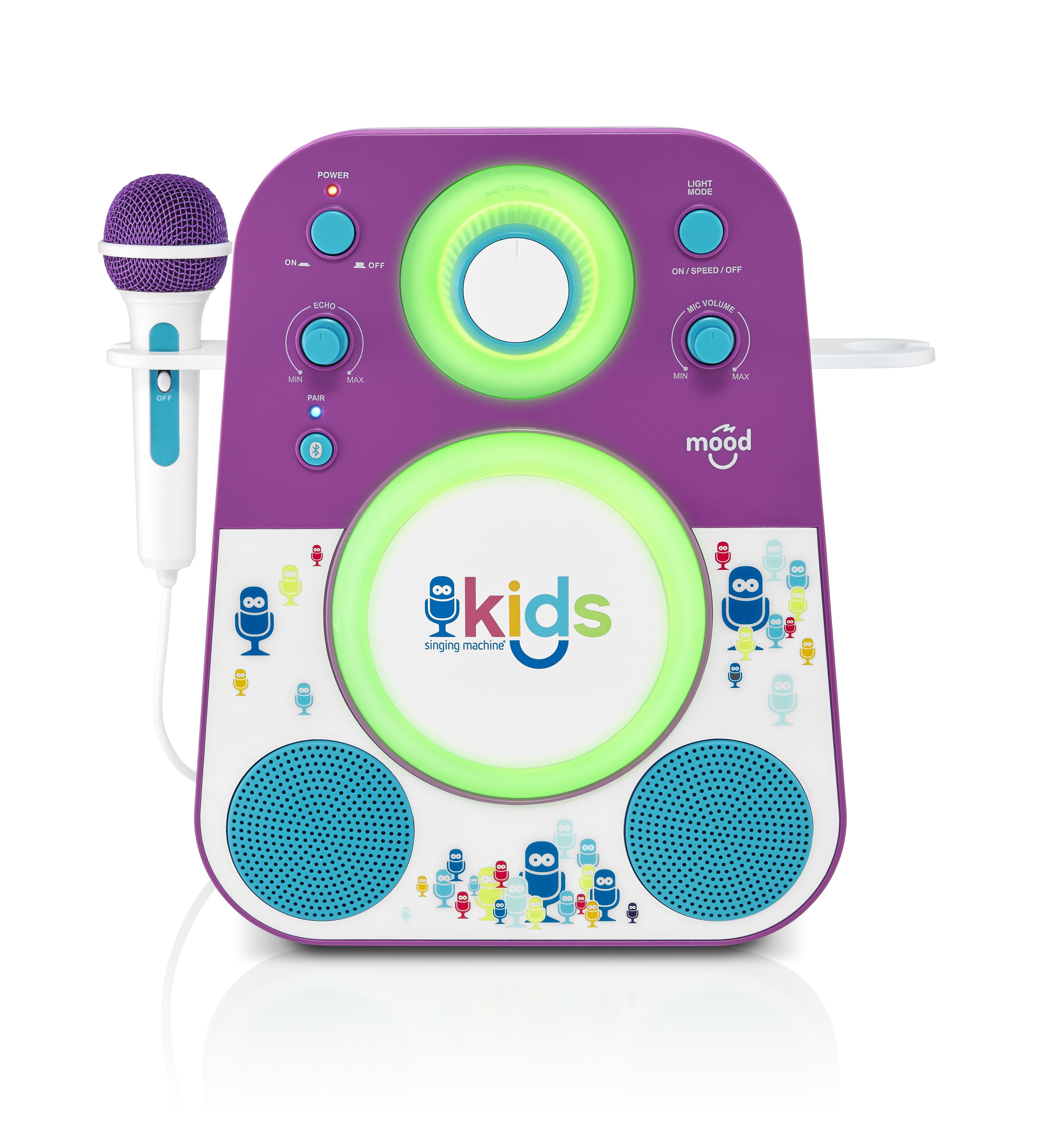 The Singing Machine Kids Mood LED Glowing Bluetooth Sing-Along Speaker with Wired Youth Microphone Doubles as a Night Light, Purple/Blue