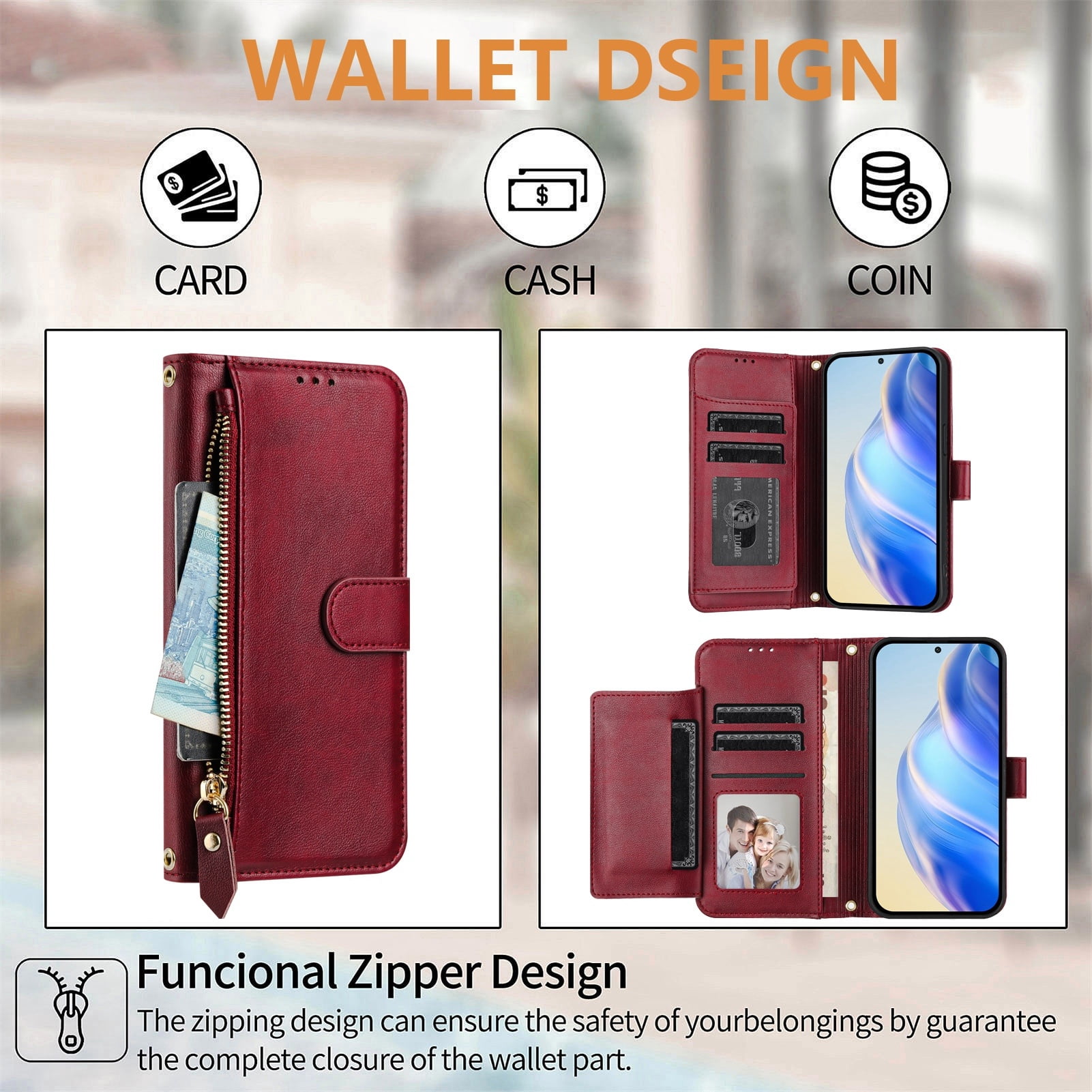 Filp Case for TCL 305 Zipper Pocket Magnetic Flip Wallet Phone Case with 7 Card Slots and Wrist Strap