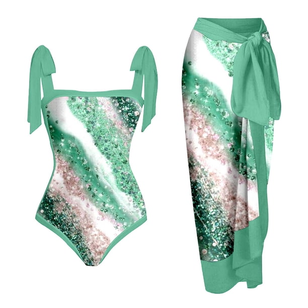 MKLEKYY Trajes De Baño Mujer Control Abdomen Women Vintage Abstract Floral Print 1 Piece Swimwear+1 Piece Cover Up Two Piece Vintage Print Swimsuit Monokini Bikini 2 Piece Swimsuits Two Piece 1549