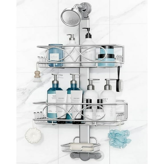 2 Tier Stainl Steel Anodized AluminumHeight-Adjustable Rustproof Shower Caddy Hanging Anti-Swing-Over The Shower Head Caddy-Bathroom Showe r Storage Organizer With Soap Box Holder- Sliver