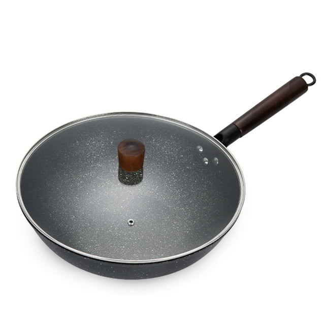 Iron Fry Pan with Lid Non-Stick Wok Saucepan Cookware Flat Bottom Kitchen Cooking Pan Food Cooker Fast Heat-up