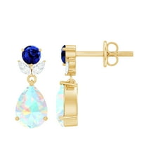Rosec Jewels Ethiopian Opal Dangle Earrings with Lab Grown Blue Sapphire and Moissanite, 18K Yellow Gold