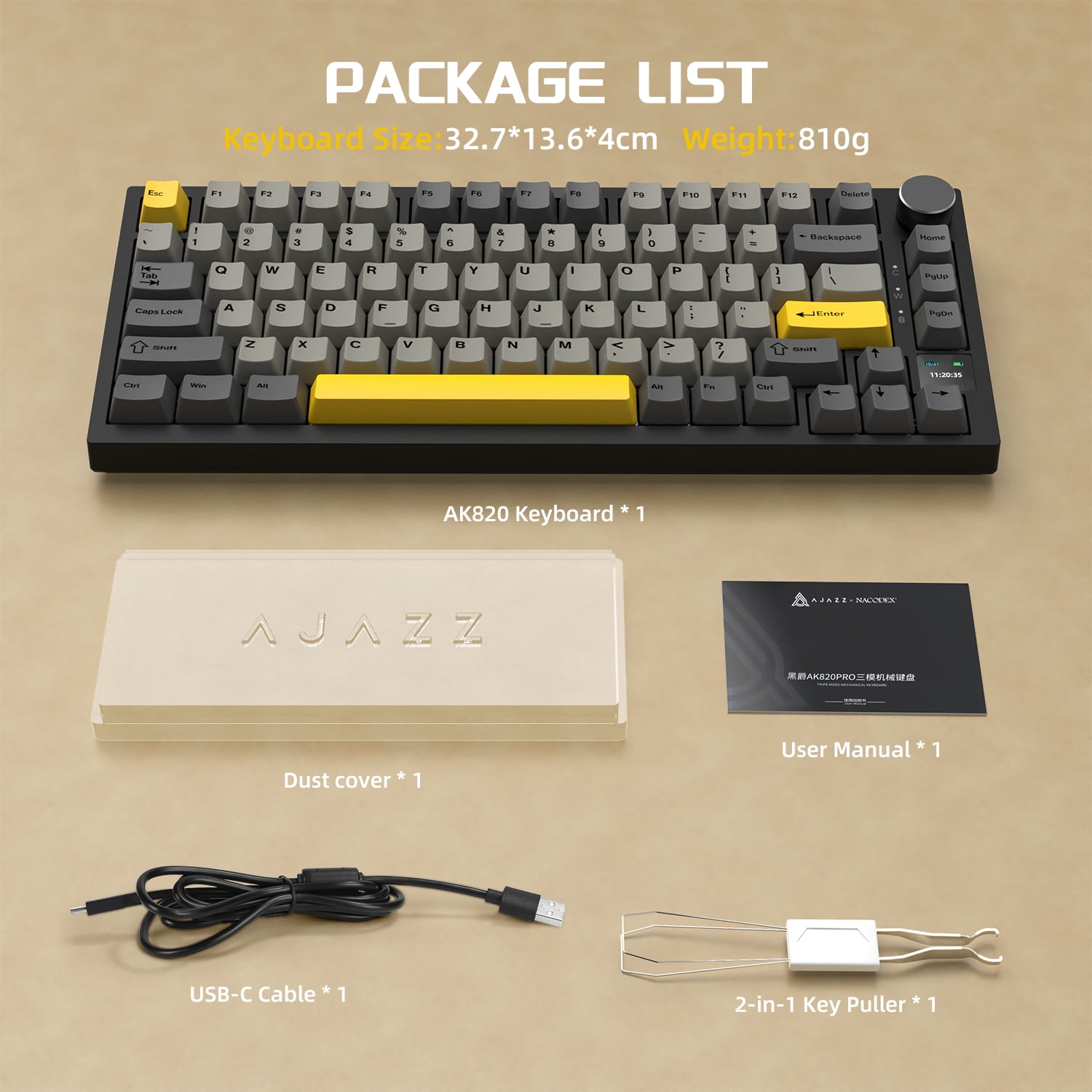AJAZZ AK820 Pro 75% Wireless Mechanical Keyboard with TFT Smart Display&Knob, Gasket-Mounted Gaming Keyboard, BT/2.4GHz/USB-C Wired (Gray, Flying Fish Switch)