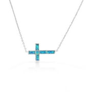 925 Sterling Silver Green Blue Simulated Opal Sideways Cross Pendant Necklace