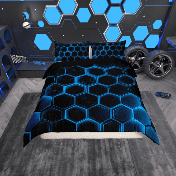 Erosebridal Black Blue Geometric Duvet Cover Twin, Hexagon Honeycomb Bedding Sets Twin Size, Reversible 2 Pieces (No Comforter)