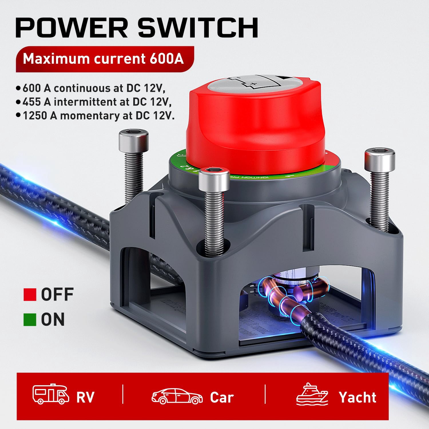 Nilight ON Off Battery Switch 12V 24V 48V 600A High Current Heavy Duty Battery Power Cut Master Switch Disconnect Isolator for Truck Vehicle Trailer RV Marine Boat Yacht,Red
