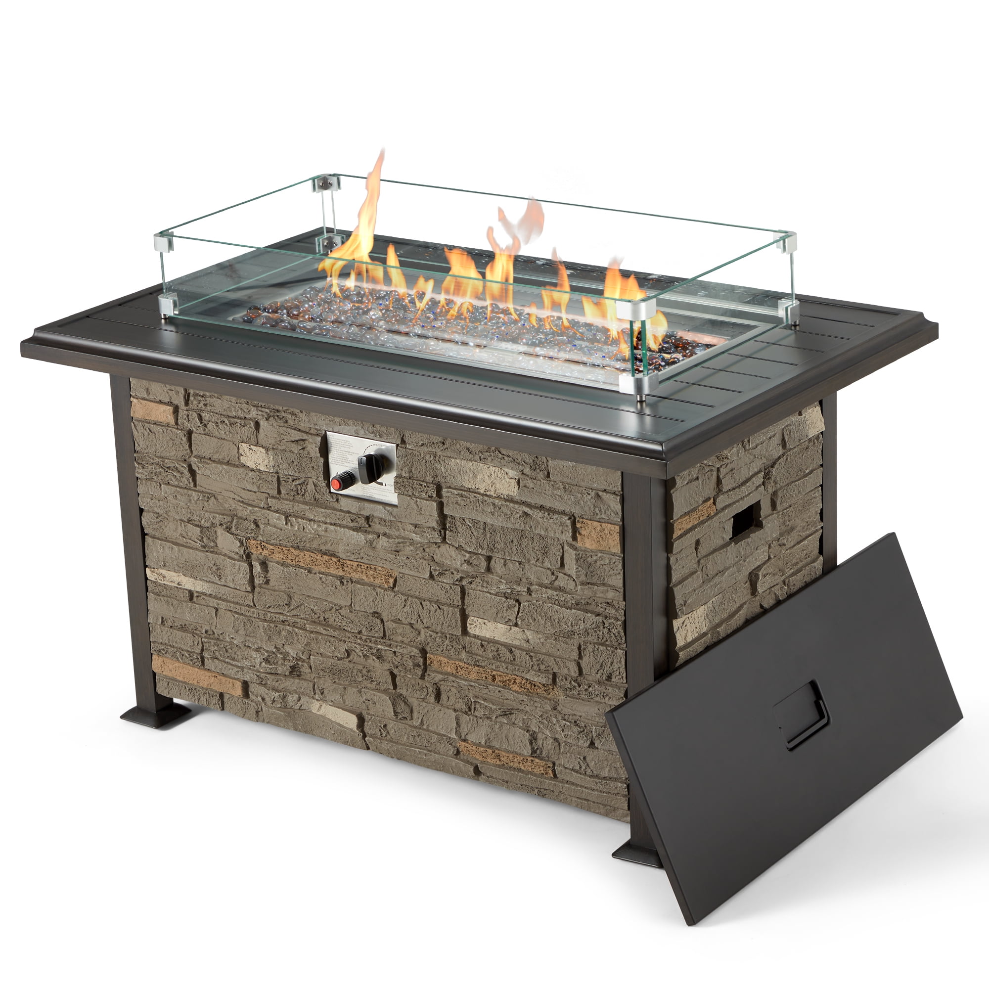 Homrest 44 Inch Aluminum Propane Fire Pit Table w/ Faux Ledgestone, HandPainted Table Top