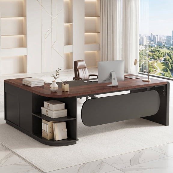 Finmind 80" L-Shaped Executive Desk with 55" Drawer Cabinet & Storage Shelves, Grey & Black