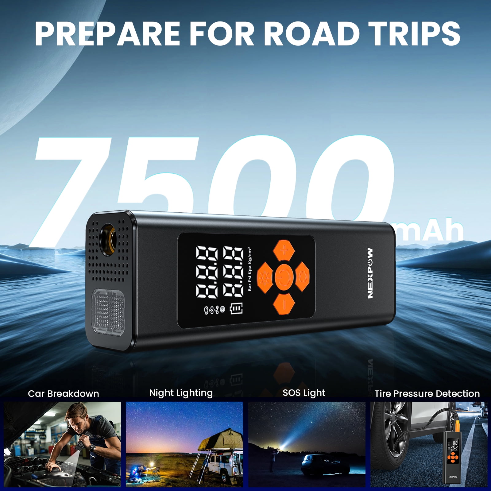 NEXPOW 150PSI Cordless Tire Inflator, 7500mAh Air Compressor with Dual-Screen Display & Auto Shut-Off, Portable Air Pump for Car/Motorcycle/Bike, USB Power Bank + LED Light, Black