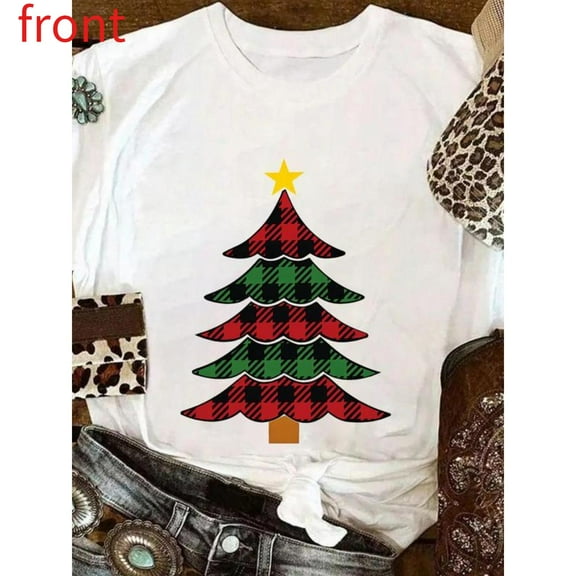 Christmas Tree Tee T Shirt Graphic Tops Holiday Print Cotton Breathable Soft Short Sleeve Round Neck White S-5XL
