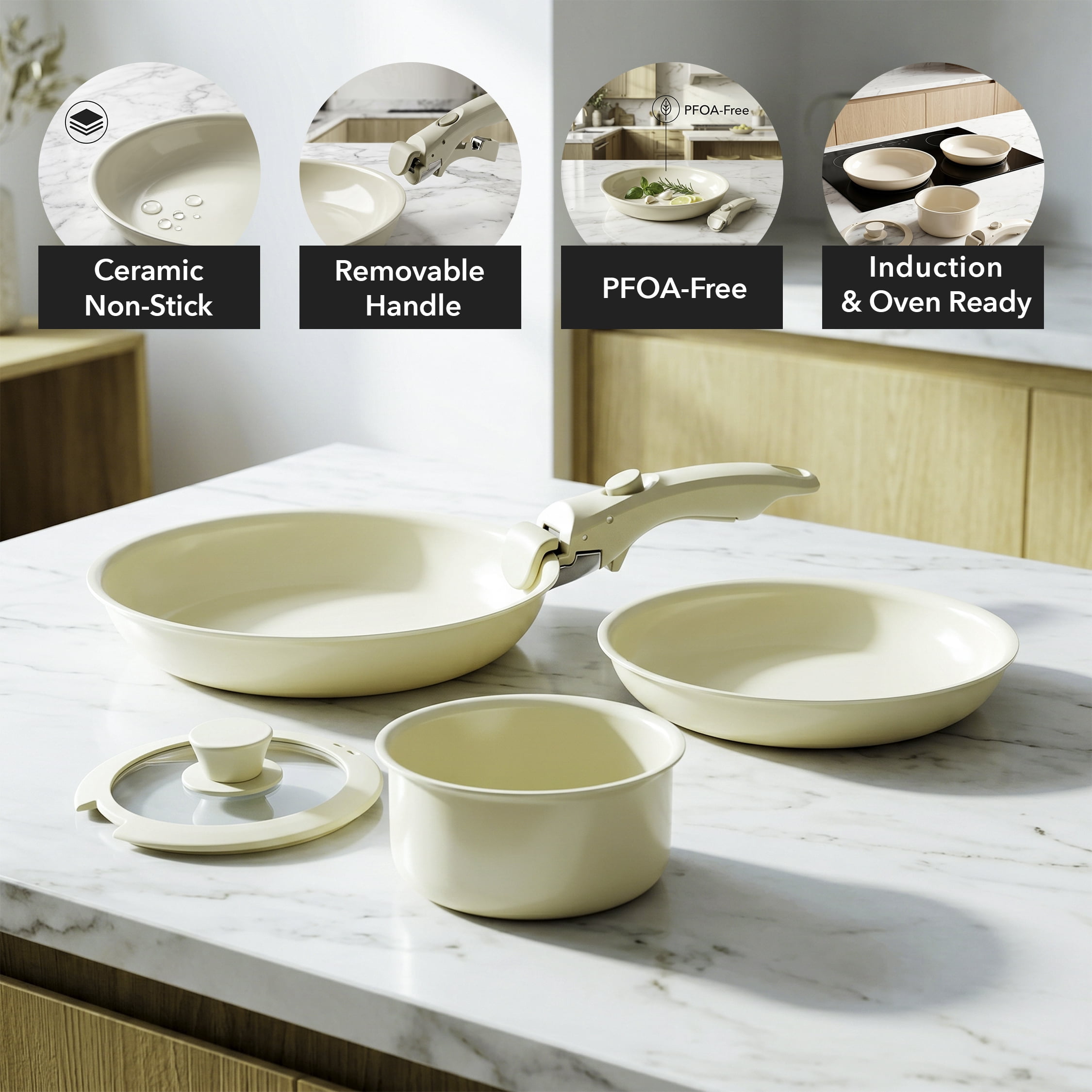 OVENTE 5-Piece Ceramic Cookware Set, Cream CWAD01005C | Detachable Handle, Non-Toxic & Nonstick Kitchen Pots & Pans with Lid for Home or RV, Stackable & Dishwasher Safe