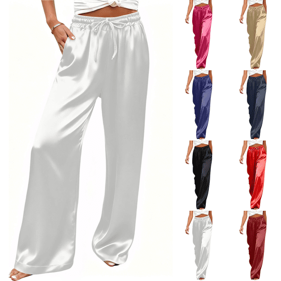 Qingpeng Womens Glossy Look Wide Leg Pants Drawstring High Waist Silky Smooth Lounge Trousers with Pockets Flowy Fit