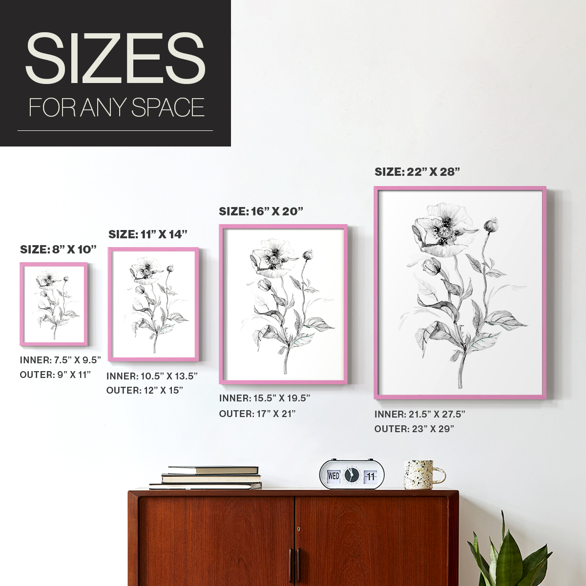 Wild Poppy Sketch Framed Print in Pink Solid Wood 8 x 10 Framed Print