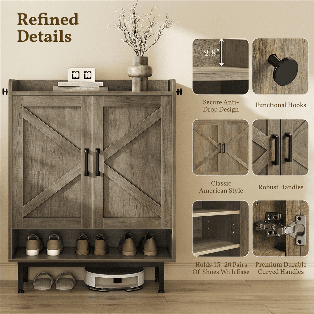 Alden Design 5-Tier Country Style Shoe Cabinet with Barn Inspired Doors, Gray