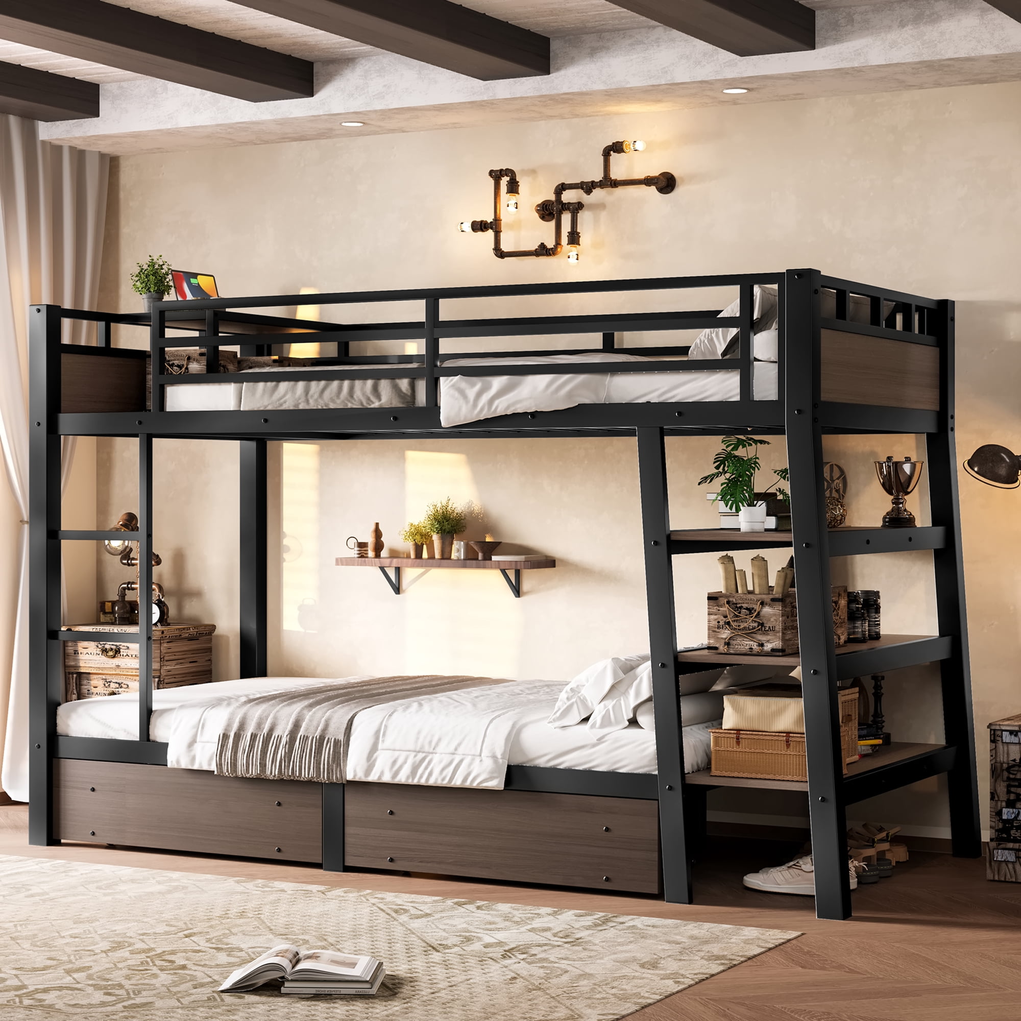 Leumius Twin Size Metal Bunk Bed with 2 Storage Drawer,Heavy Duty Metal Bed Frame with Storage Shelves , LED light Strip and USB Power Strip,Black