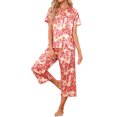 thumbnail image 4 of INSPIRE CHIC Women's Satin Pajama Set Back to School Short Sleeve Button Down Top and Capri Pants with Elastic Waist Silky Loungewear Sleepwear S Light Pink with Red Floral, 4 of 6