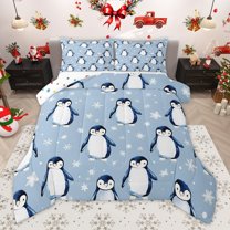 Manfei Cartoon Penguin 3-Piece Full Size Comforter Sets for Kids Teens,Happy Winter Snowflake Bedding Comforter Set,Merry Christmas Lightweight Bedding Sets,Breathable Home Decor,Reversible