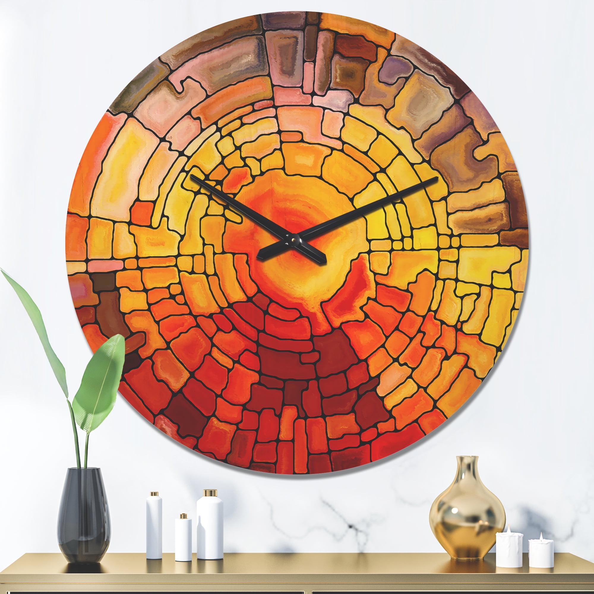Designart 'Return of Stained Glass Red and Yellow' Modern Wood Wall Clock
