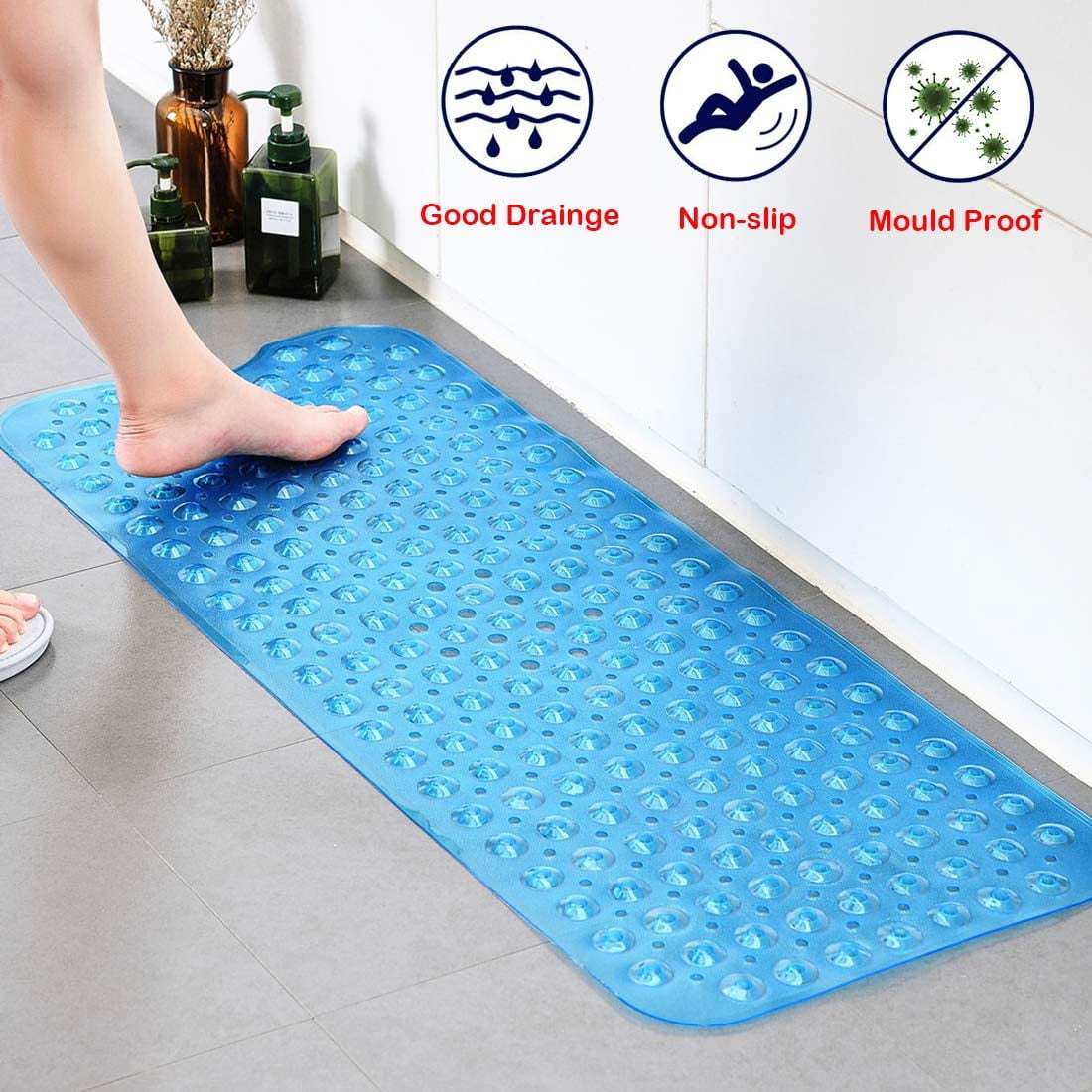 Bath Tub Mat Non-Slip Anti-Bacterial Shower Pad w/ Suction Cups Blue/Transparent 